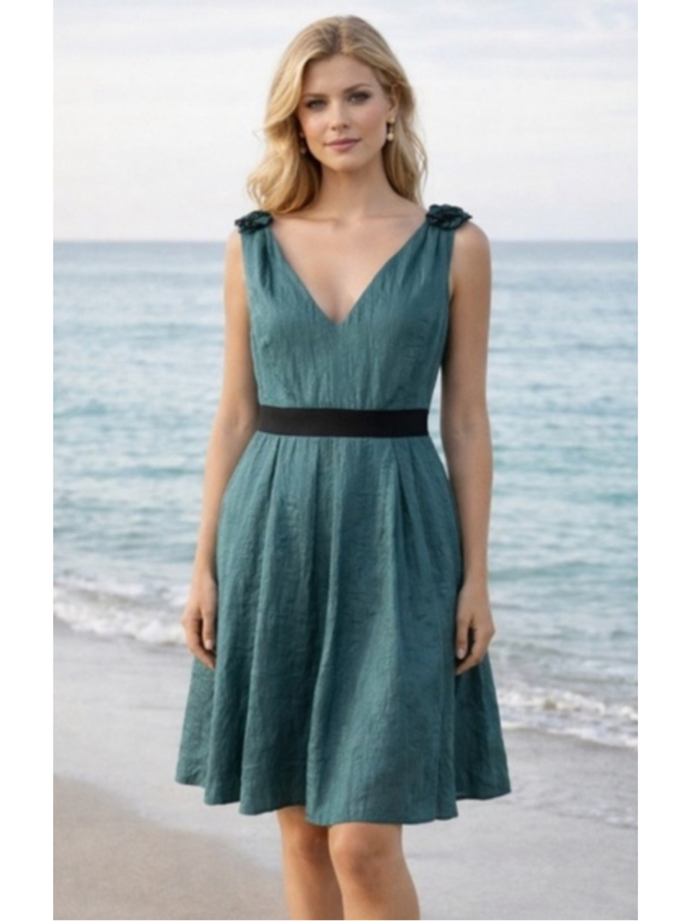 Women's Adrianna Papell Teal & Black Sleeveless Dress Size 10 floral formal y2k